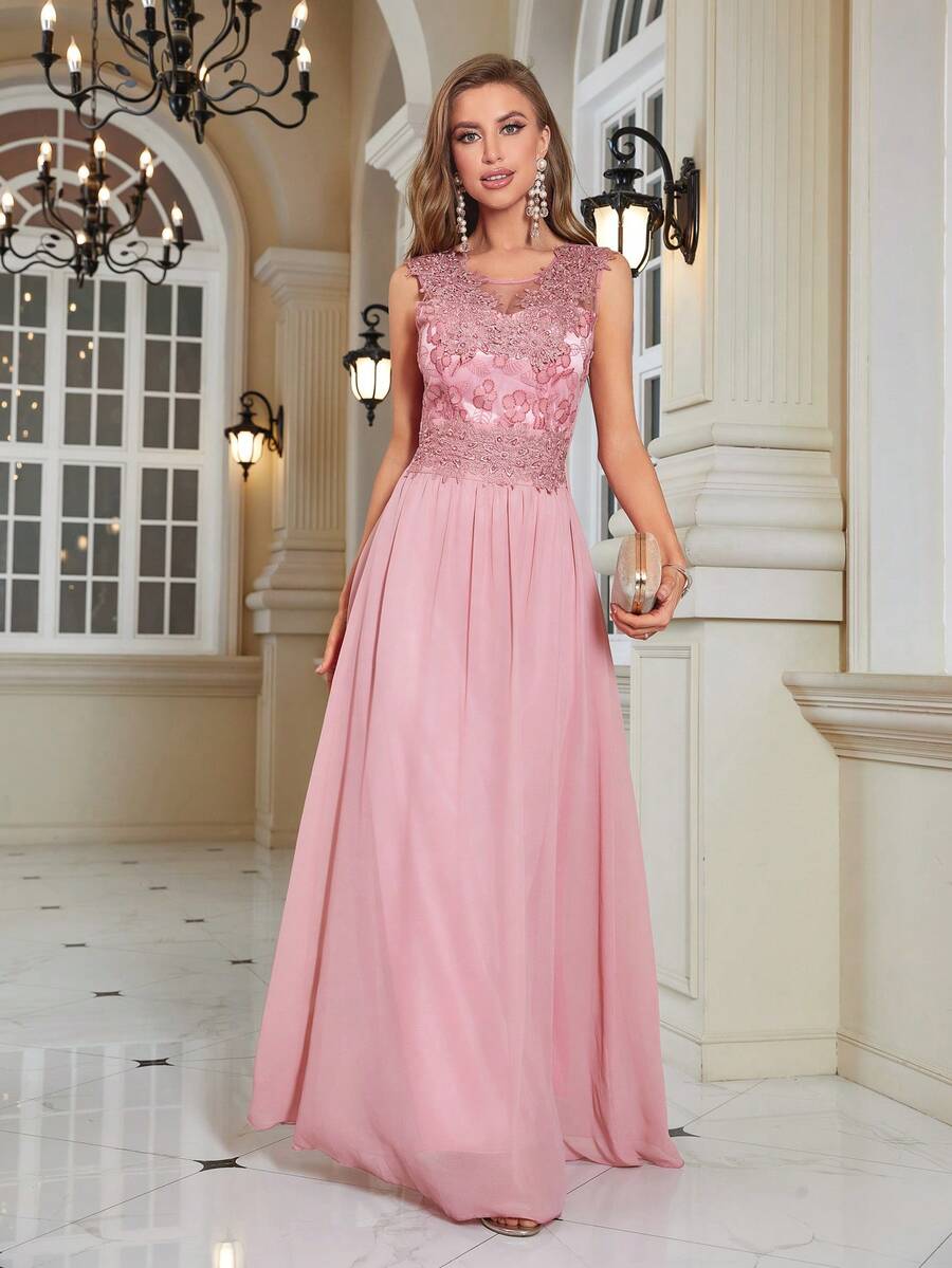 Contrast Sequin Mesh Party Dress - Baby Pink - View 1