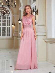 Contrast Sequin Mesh Party Dress - Baby Pink - View 3