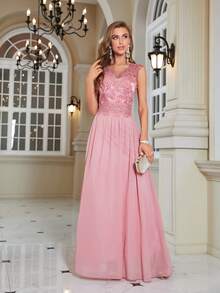 Contrast Sequin Mesh Party Dress - Baby Pink - View 4