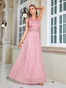 Contrast Sequin Mesh Party Dress - Baby Pink - View 5