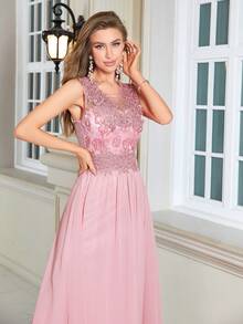 Contrast Sequin Mesh Party Dress - Baby Pink - View 6