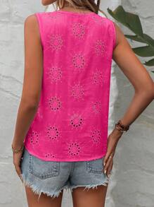 SHEIN LUNE Lỗ gắn thêu Nút phía trước Áo không tay - Màu Hồng Tươi - Xem 2