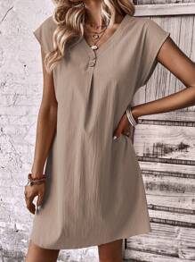 SHEIN LUNE 素色蝙蝠袖直筒連衣裙 - 卡其色 - 查看 1