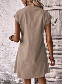 SHEIN LUNE 素色蝙蝠袖直筒連衣裙 - 卡其色 - 查看 2