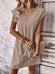 SHEIN LUNE 素色蝙蝠袖直筒連衣裙 - 卡其色 - 查看 5