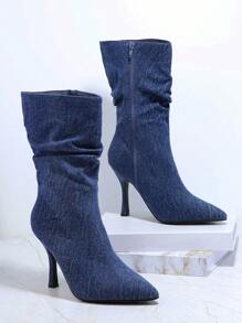 SHUZIA Minimalist Side Zipper Stiletto Heeled Boots Mother's Day Present - Navy Blue - View 2