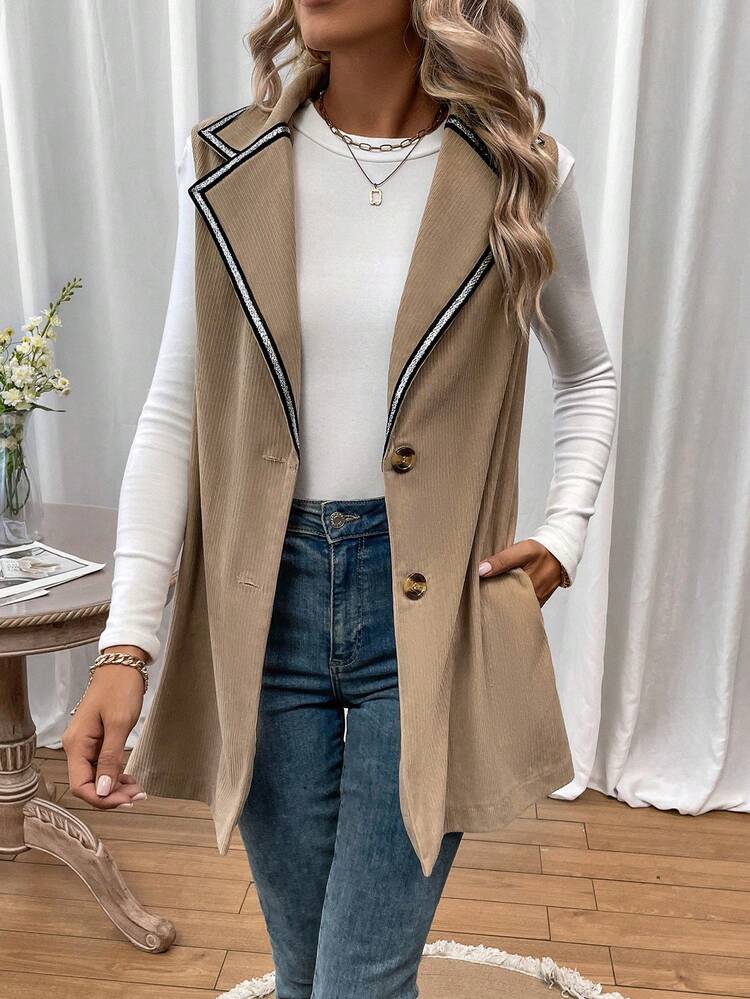 Contrast Striped Tape Single Breasted Vest Coat