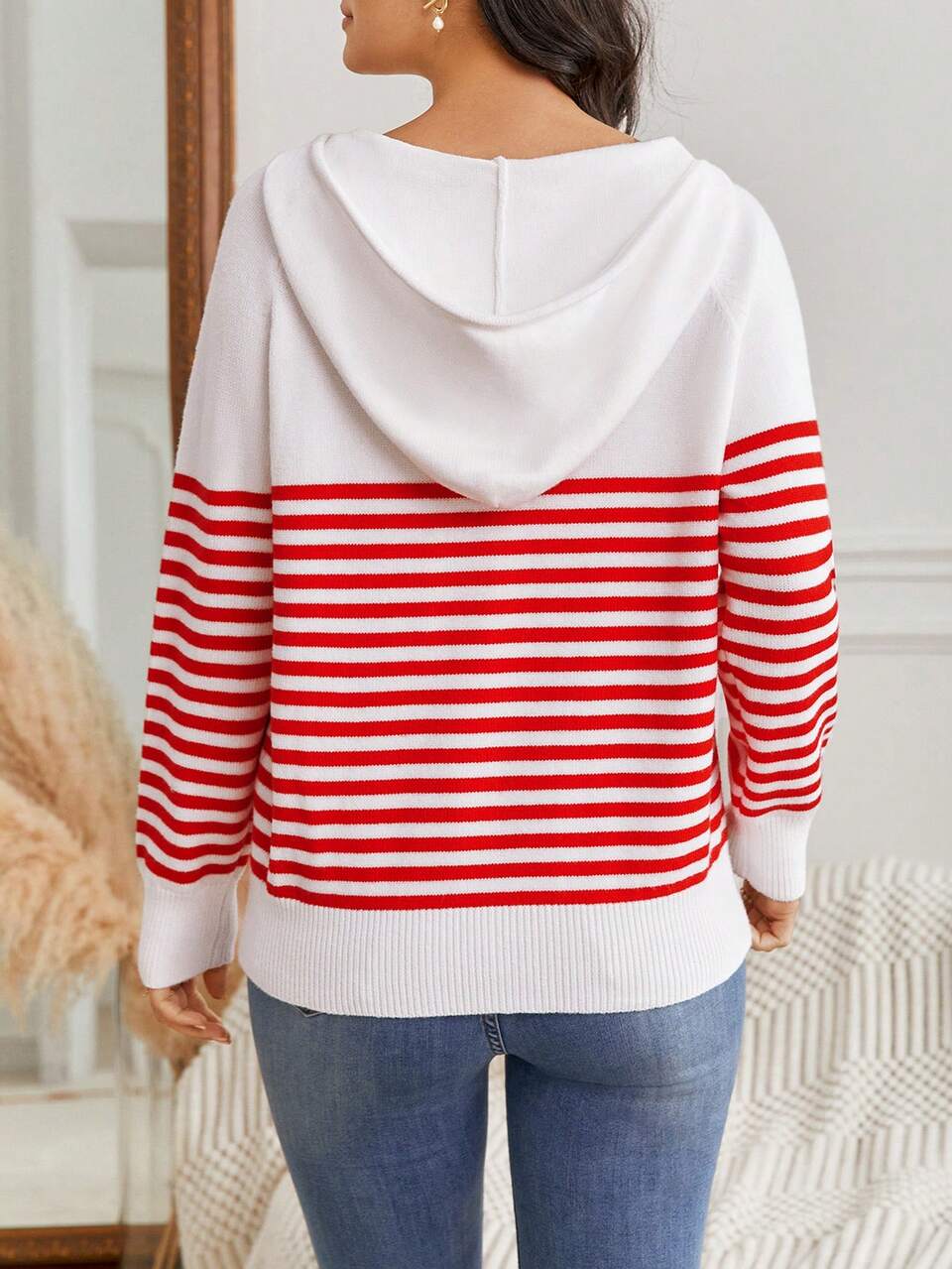 Striped & Heart Pattern Raglan Sleeve Drawstring Hooded Zipper Cardigan Christmas Winter Thanks Giving Casual