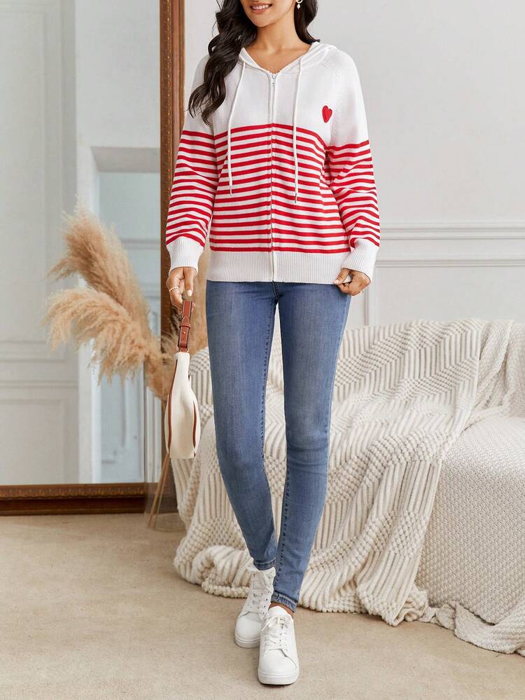 Striped & Heart Pattern Raglan Sleeve Drawstring Hooded Zipper Cardigan Christmas Winter Thanks Giving Casual