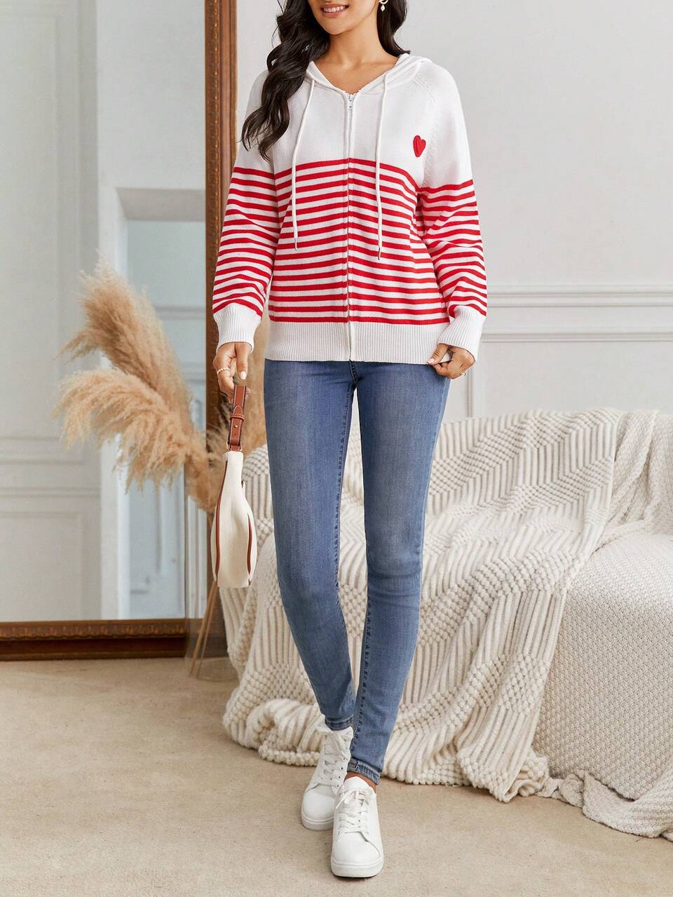 Striped & Heart Pattern Raglan Sleeve Drawstring Hooded Zipper Cardigan Christmas Winter Thanks Giving Casual