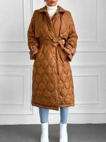 EURMUSE Solid Belted Quilted Coat - Brown - View 1