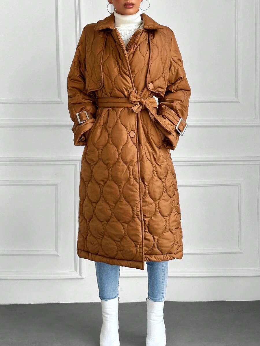 EURMUSE Solid Belted Quilted Coat - Brown - View 1