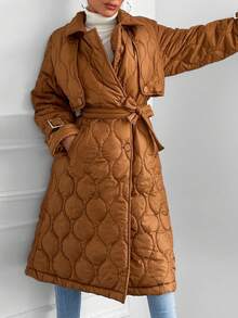 EURMUSE Solid Belted Quilted Coat - Brown - View 2