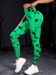 SHEIN Yoga Trendy 紮染寬腰帶運動打底褲 - 綠色 - 查看 2