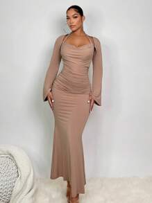 SHEIN SXY 素色繞頸魚尾裙下擺洋裝&短上衣上衣 - 摩卡棕 - 查看 1