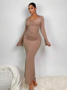 SHEIN SXY 素色繞頸魚尾裙下擺洋裝&短上衣上衣 - 摩卡棕 - 查看 3