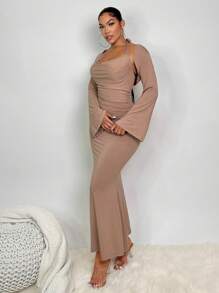 SHEIN SXY 素色繞頸魚尾裙下擺洋裝&短上衣上衣 - 摩卡棕 - 查看 4