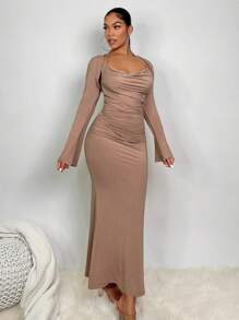 SHEIN SXY 素色繞頸魚尾裙下擺洋裝&短上衣上衣 - 摩卡棕 - 查看 5