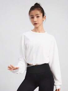 Activina Drop Shoulder Drawstring Hem Crop Sports Long Sleeve Pullover Crew Neck Women Sweatshirt