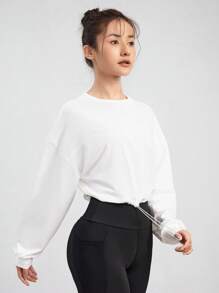 Activina Drop Shoulder Drawstring Hem Crop Sports Long Sleeve Pullover Crew Neck Women Sweatshirt