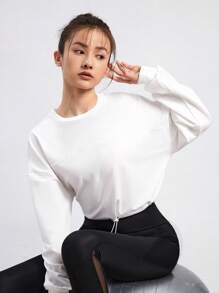Activina Drop Shoulder Drawstring Hem Crop Sports Long Sleeve Pullover Crew Neck Women Sweatshirt