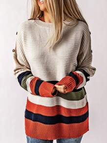 CILKOO Striped Pattern Drop Shoulder Pullover Sweater - Multicolor - View 3