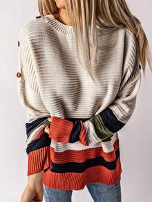 CILKOO Striped Pattern Drop Shoulder Pullover Sweater - Multicolor - View 4