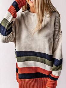 CILKOO Striped Pattern Drop Shoulder Pullover Sweater - Multicolor - View 6