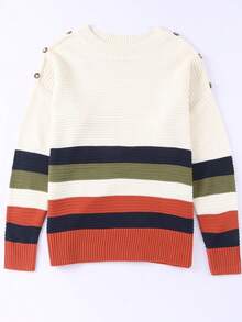 CILKOO Striped Pattern Drop Shoulder Pullover Sweater - Multicolor - View 9