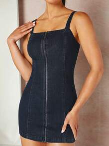 SHEIN BAE Zip Front Cami Bodycon Denim Dress - Dark Wash - View 4