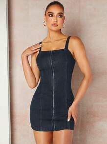 SHEIN BAE Zip Front Cami Bodycon Denim Dress - Dark Wash - View 5