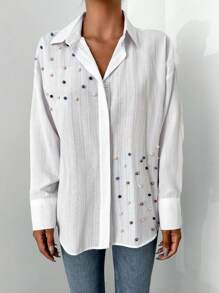 EURMUSE Pearls Beaded Drop Shoulder Shirt - White - View 5