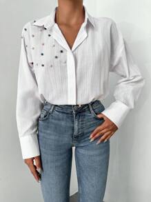 EURMUSE Pearls Beaded Drop Shoulder Shirt - White - View 7