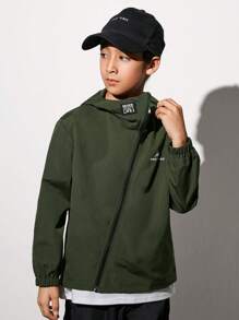 SHEIN Tween Boy 1pc Letter Graphic Zip Up Hooded Coat - Army Green - View 5