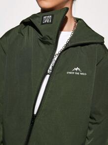 SHEIN Tween Boy 1pc Letter Graphic Zip Up Hooded Coat - Army Green - View 4