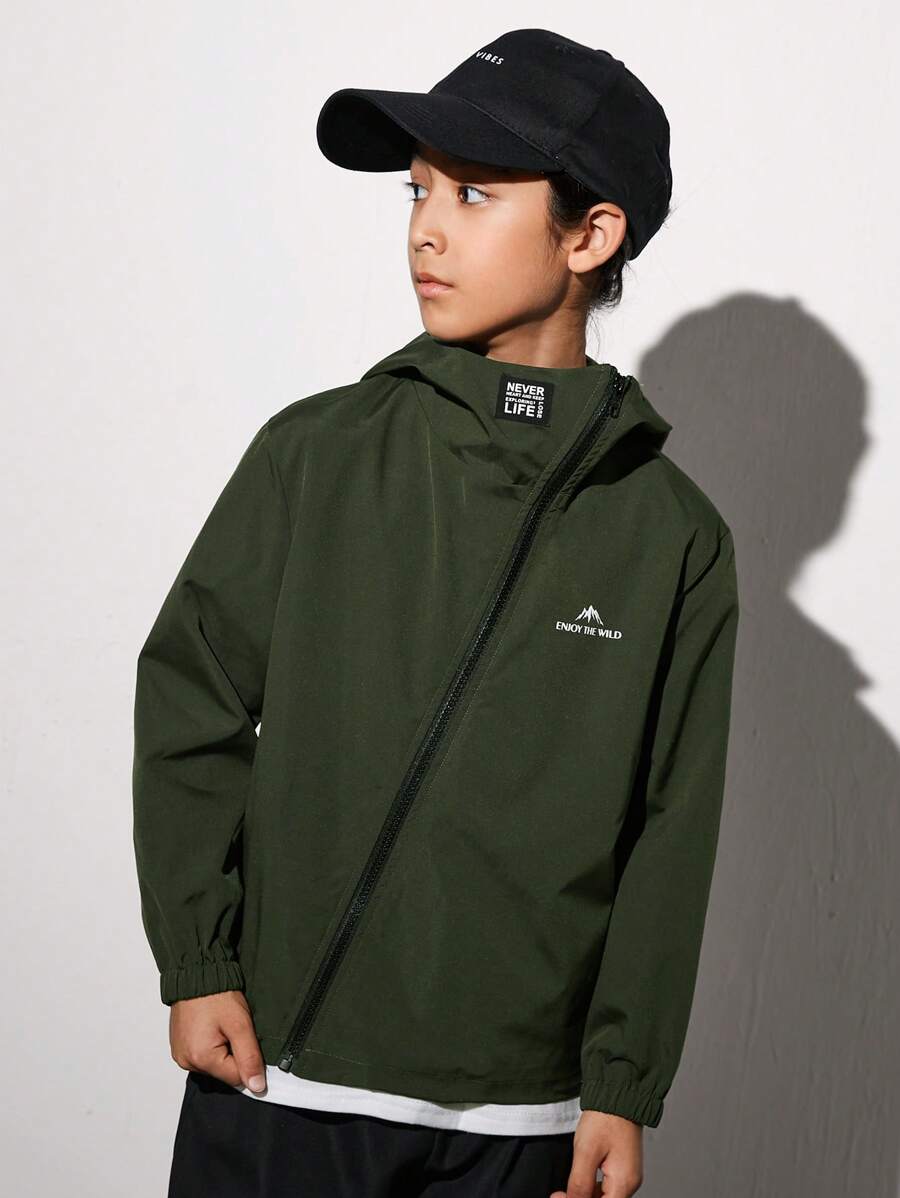 SHEIN Tween Boy 1pc Letter Graphic Zip Up Hooded Coat - Army Green - View 1