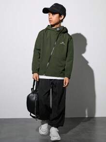 SHEIN Tween Boy 1pc Letter Graphic Zip Up Hooded Coat - Army Green - View 6