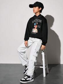 SHEIN Chico preadolescente Pantalones cargo con estampado de letra con bolsillo lateral con solapa