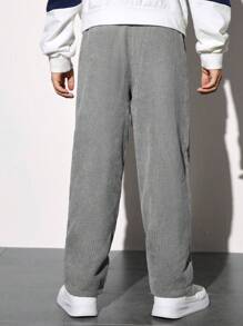 SHEIN 男大童字母補丁細節加絨內裏燈芯絨長褲 - 灰色 - 查看 2