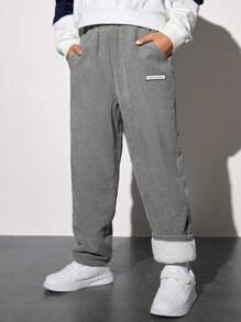 SHEIN 男大童字母補丁細節加絨內裏燈芯絨長褲 - 灰色 - 查看 3