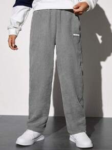 SHEIN 男大童字母補丁細節加絨內裏燈芯絨長褲 - 灰色 - 查看 4