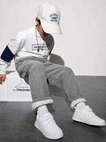 SHEIN 男大童字母補丁細節加絨內裏燈芯絨長褲 - 灰色 - 查看 5