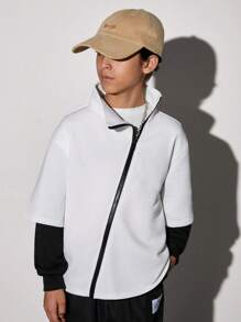 SHEIN Cậu bé Tween Thư được vá Thả vai Dây kéo Áo nỉ - trắng - Xem 1