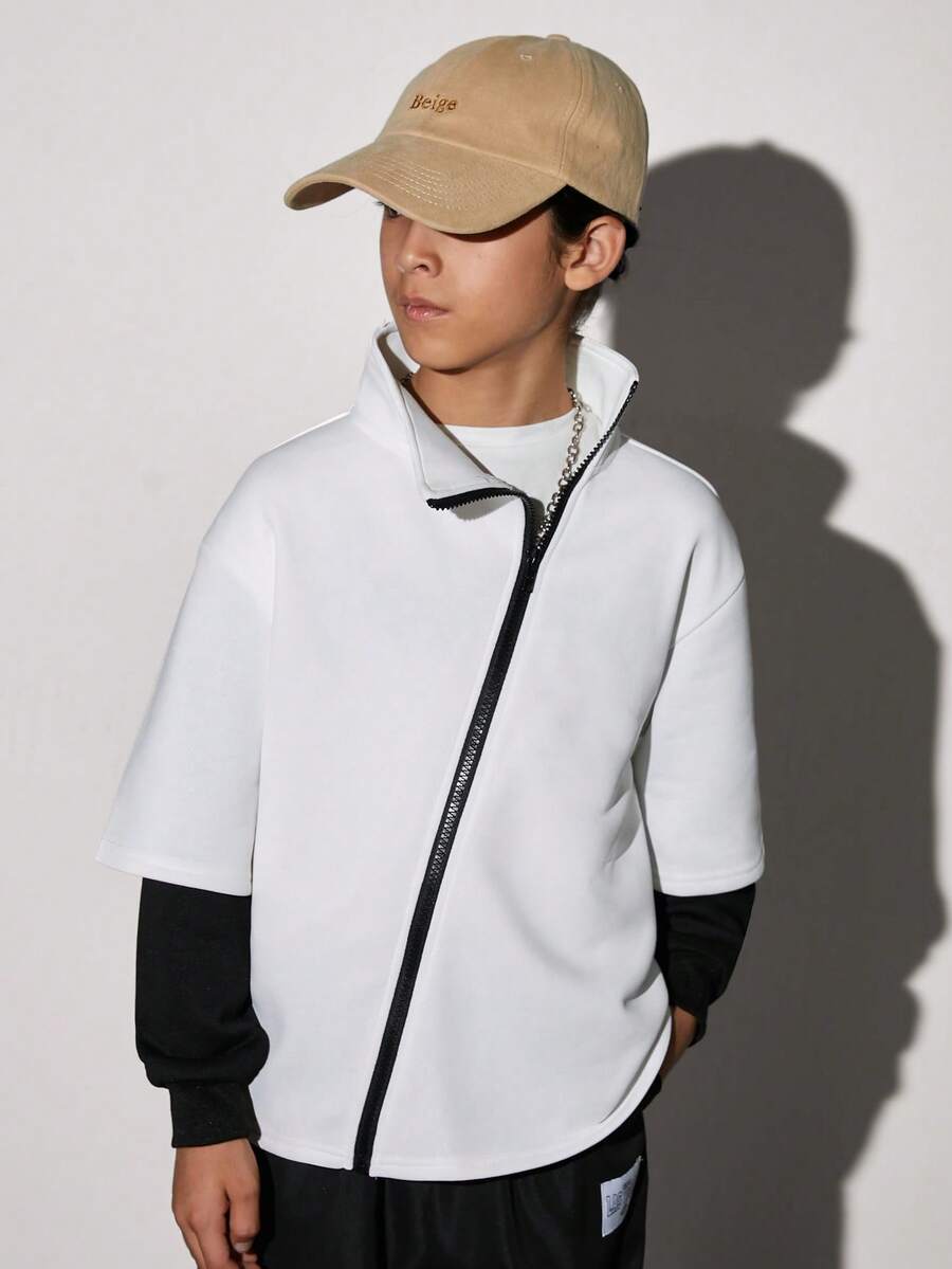 SHEIN Cậu bé Tween Thư được vá Thả vai Dây kéo Áo nỉ - trắng - Xem 1