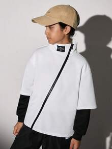 SHEIN Cậu bé Tween Thư được vá Thả vai Dây kéo Áo nỉ - trắng - Xem 3