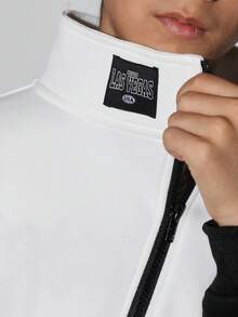 SHEIN Cậu bé Tween Thư được vá Thả vai Dây kéo Áo nỉ - trắng - Xem 4
