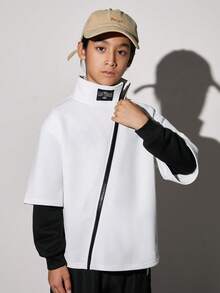 SHEIN Cậu bé Tween Thư được vá Thả vai Dây kéo Áo nỉ - trắng - Xem 5