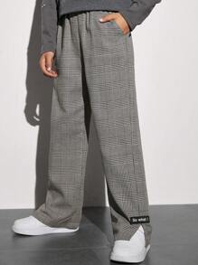 SHEIN Tween Boy Plaid Print Letter Patched Slant Pocket Pants - Grey - View 1