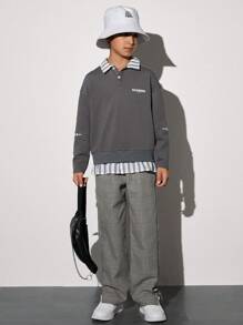 SHEIN Tween Boy Plaid Print Letter Patched Slant Pocket Pants - Grey - View 3