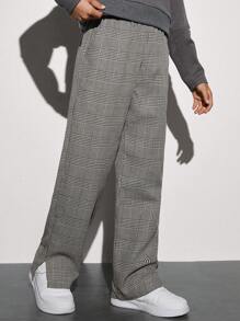 SHEIN Tween Boy Plaid Print Letter Patched Slant Pocket Pants - Grey - View 4